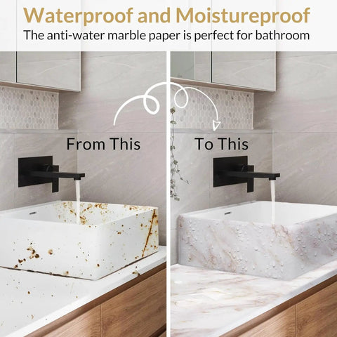 Before and after of Marble Peel And Stick Countertop Wallpaper 35.4 By 78.7 Inches Waterproof Self Adhesive Roll for bathroom sink
