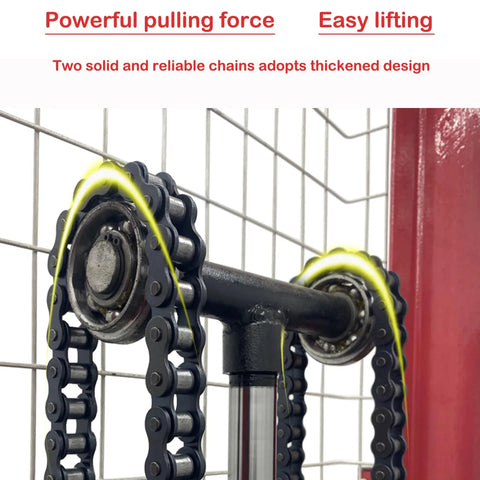 Close-up of The Real Deal Manual Pallet Lifter With A Hefty 1 Ton 2204 Lbs Capacity showing thickened dual chains for easy lifting.