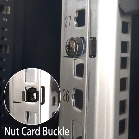 Heavy Duty M6 Rack Screws And Cage Nuts 50 Pack For Server Cabinet Rack Mounting showing nut card buckle on rack.