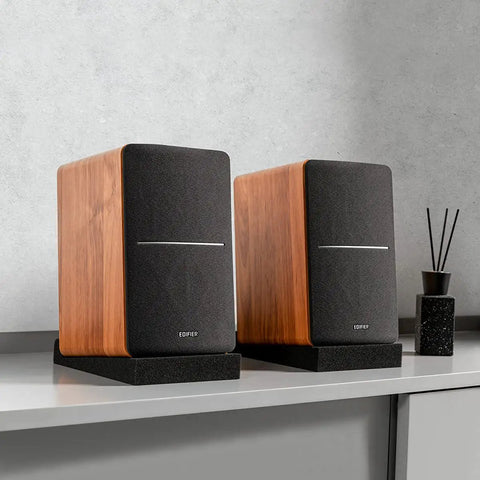 Studio Monitor Isolation Pads With High Density Acoustic Foam Tilted Desktop Speaker Stands For Your Midsize Bookshelf And Computer Speakers Prevent Vibration Adjustable Angles Fits Most Speakers Black Pair under wooden speakers on desk