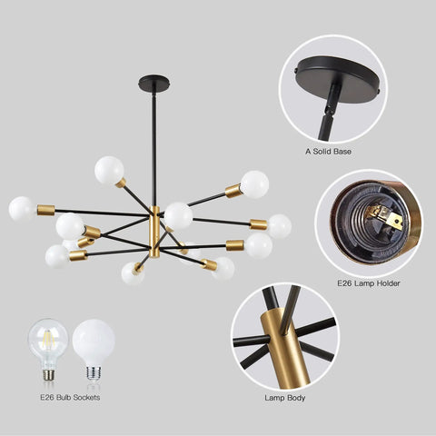 Modern 12 Light Sputnik Chandelier in Black and Gold for Dining Room Over Table, Mid Century Style with height adjustable features