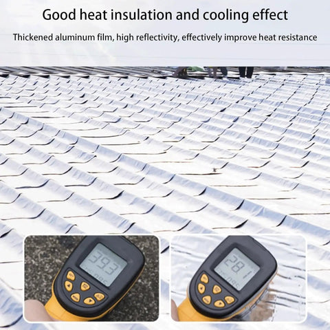 Beefy Self Adhesive Waterproof Roofing Membrane With Aluminum Foil Backing on a roof showing heat insulation and cooling effect.