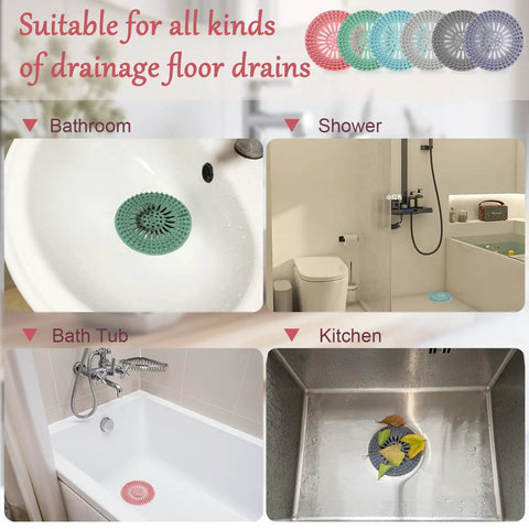 Banish Clogged Drains Fast With This Flexible Drain Strainer Set, Solid Snag Catcher Hair Filter, Stretchy Rubber Sink Protector, Easy Splash Multi Color Bath Nets 6 Pack displayed in sink, tub, shower, and kitchen.