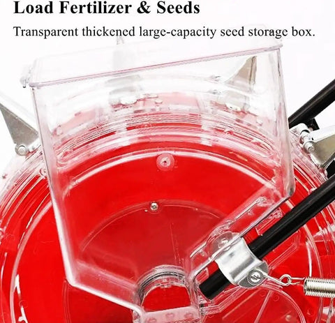 Transparent seed box of Manual Seed Spreader Handheld Seeder And Fertilizer Applicator showcasing large capacity for diverse crops.