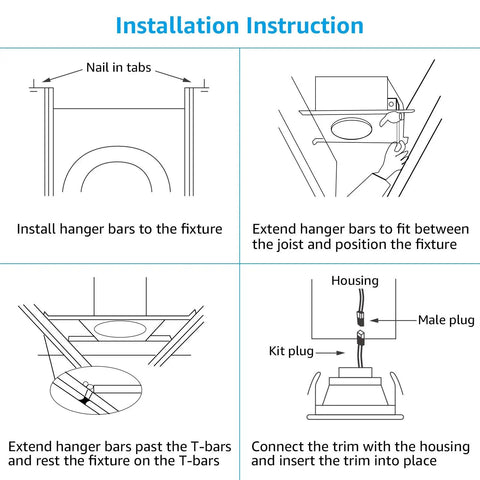 Installation instructions for No Frills 4 Inch Recessed Lighting Housing For New Construction IC Rated Air Tight Ceiling Downlight Can With J Box ETL Listed And TP24 Connector With Insulation Contact Compatible Profile And Easy Install