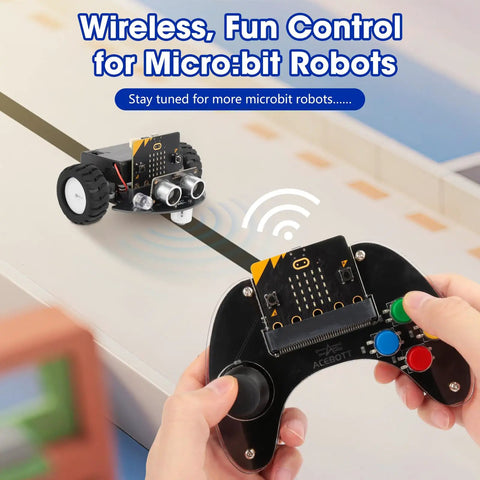 Wireless Controller For MicroBit Robots Kit With MakeCode Compatibility Easy HandsOn Coding Toy For STEM Learning Kid Friendly Remote Controller For Building Robots Ideal Gift For Kids And Teens MicroBit Not Included. black plastic controller with joystick and buttons steering Micro:bit robot