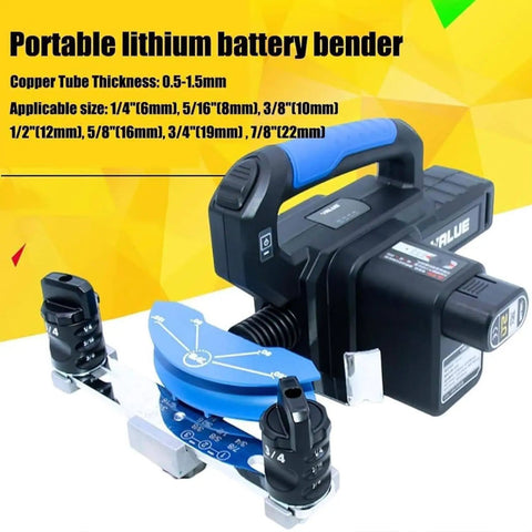 Cordless Electric Pipe Bender For Copper And Aluminum Tubes Sizes Span Quarter Through Seven Eighths Inches Quick Bend Tool features compact design and adjustable angle settings.