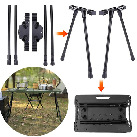 No Sweat Adjustable Folding Table Legs Crafted From Smooth Aluminum Alloy With Lock Tight Nylon Connectors in black, folding design for camping or home office use.