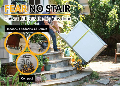 Lightweight Stair Climbing Hand Truck With Quick Fold Design 200 Pound Heavy Duty Moving Cart And Adjustable Handle Easy Glide On Steps For No Sweat Hauling Anywhere on outdoor steps carrying a large box.
