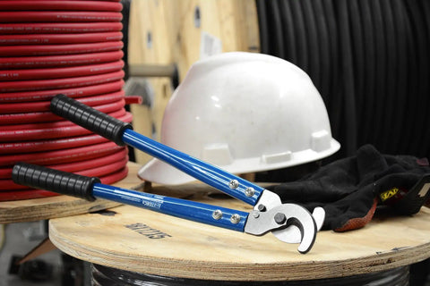 Beefy Heavy Duty Wire Cutter for 4/0 Gauge Copper and Aluminum, 12-inch Handles, Precision Blades, Rubber Grips on wooden spool