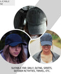 Three views of Go To Womens Adjustable Cap With Front Artwork Lightweight Soft And Breathable Hat in different settings