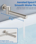 Do It All Three Function Shower System With Tub Spout And Ten Inch Round Rainfall Shower Head Handheld Spray Includes Rough In Valve And 360 Degree Rotating Drain Brushed Nickel Finish aerated tub spout flowing into bathtub.