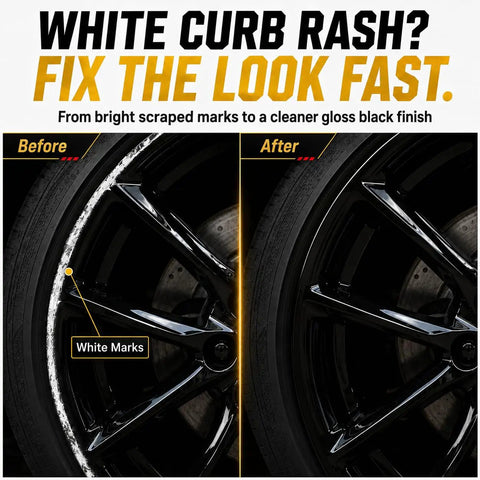 Heavy Duty Wheel Scratch Repair Kit For Curb Rash And Gloss Black Rim Touch Up Paint Fast Setup DIY Auto Finish Refinisher For Beat Up Alloy Wheels Crisp Street Ready Coating before and after images showing wheel restoration.