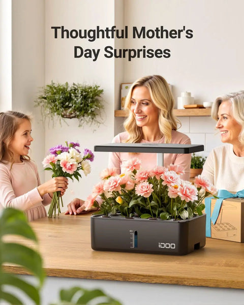 Family using Indoor Hydroponics Grow Kit With 12 Pods, LED Grow Light And Built In Fan, Auto Timer in kitchen setting