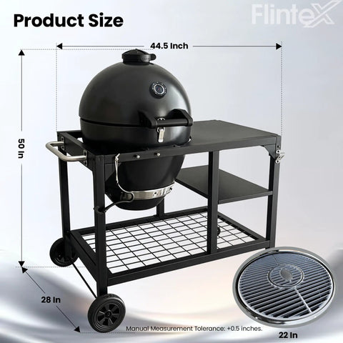 Kickass 22 Inch Steel Kamado Charcoal Grill And Egg Smoker With Cart showing 22 inch size and dimensions on a cart.