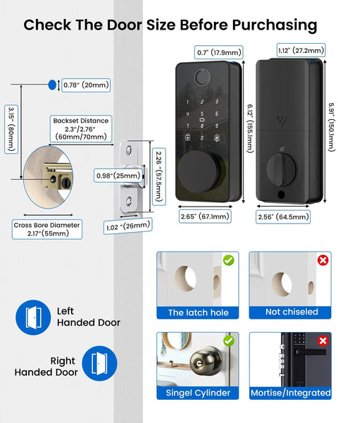 Check the door size for Keep Your Home Secure With This Top Shelf Keyless Entry Fingerprint Smart Deadbolt dimensions.