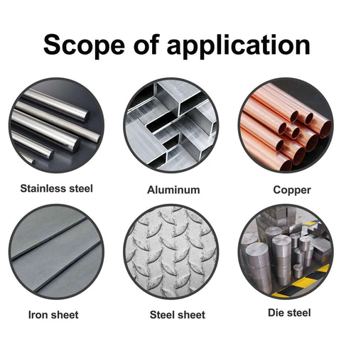 Hole saw scope graphic showing six materials: stainless steel, aluminum, copper, iron sheet, steel sheet, die steel.
