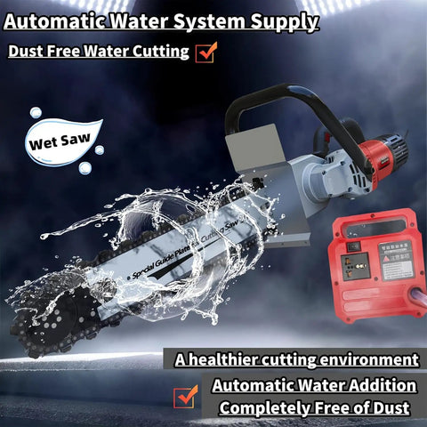 Straight-Shooting Heavy-Duty Electric Concrete Saw With Diamond Chain For Wall Grooving Plus Slotting Drywall Brick Marble Masonry Cutter Tool With Smart Dust Shield with automatic water supply in action.