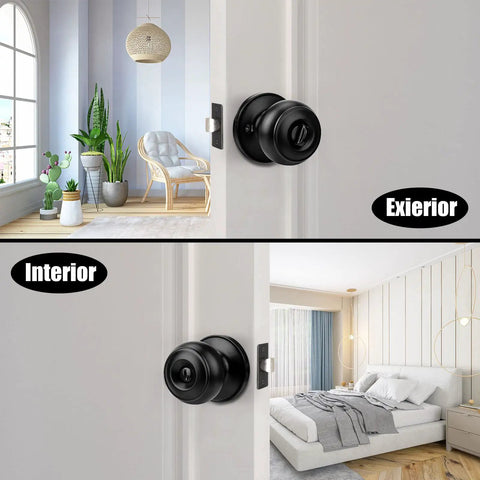 10 Pack Matte Black Privacy Door Knobs With Keyless Interior Lockset on interior and exterior doors in a modern home.
