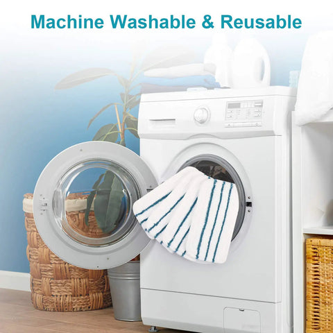 Universal Microfiber Steam Mop Replacement Pads 4 Pack For Quick Cleanups next to a washing machine showcasing washability