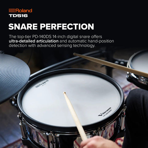Close-up of V-Drums TD516 Compact 5-Piece Electronic Drum Kit With V51 Module, showing advanced digital snare pad in action