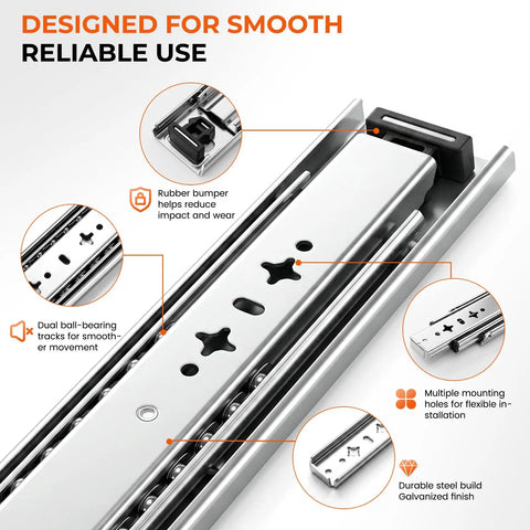 Close-up of 30 Inch Heavy Duty Side Mount Drawer Slides With 250 Lb Load Rating And Full Extension Pullout Rails, featuring dual ball-bearing tracks.