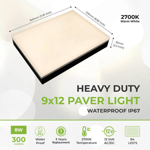 Dope 9 By 12 Inch Paver Light For Driveways And Patios With 2700K Warm White Glow Glare Free Outdoor LED Brick Light 12V Hardwired IP67 Waterproof Drive Over Rated For Walkways Pool Decks And Edging, shown with specs including dimensions and waterproof rating.