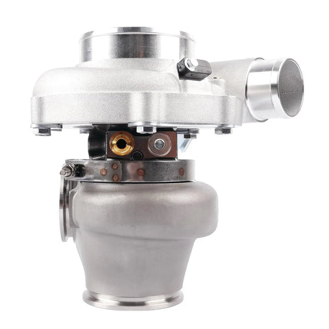 Side view of Beefy Turbocharger Assembly 5449G Stainless Steel V Band 0.72 A/R IWG T3 Adapter with dual ceramic bearings.