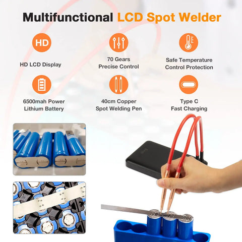 Portable Mini Spot Welder With LCD Screen 11000mAh Battery 80 Adjustable Power Settings 0.1 Increments in use with battery pack