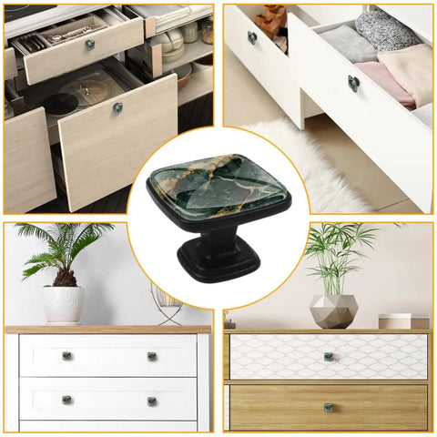 Hella Chic Marble Ombre Cabinet Pulls Set Of Four Sage Green And White Abs Resin Drawer Handles showcased on various drawers.