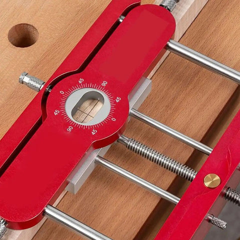 Close-up of Top Shelf Mortise Tenon Jig For Woodworking With Self Centering Dowel Guide and Punch Locator on wood surface.