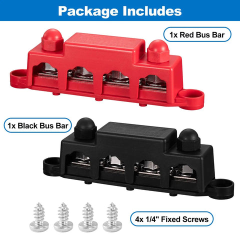 Heavy Duty 12V Bus Bar Power Distribution Block Packing 250A Peak Current And Stainless Steel Terminals for RV, marine, and audio, featuring red and black modules.