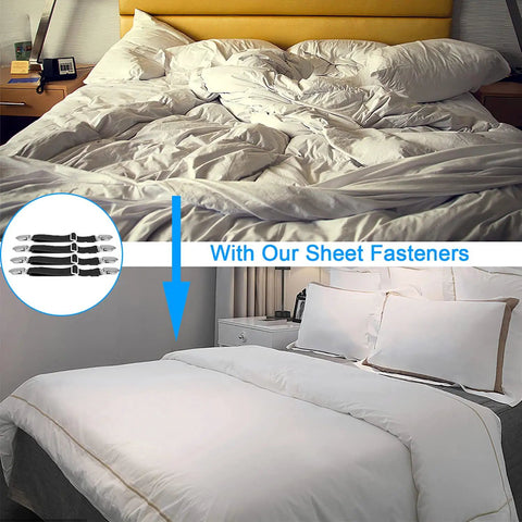 Before and after using Adjustable Bed Sheet Fasteners 4 Pack With Elastic Straps And Clips showing neat bed and messy sheet