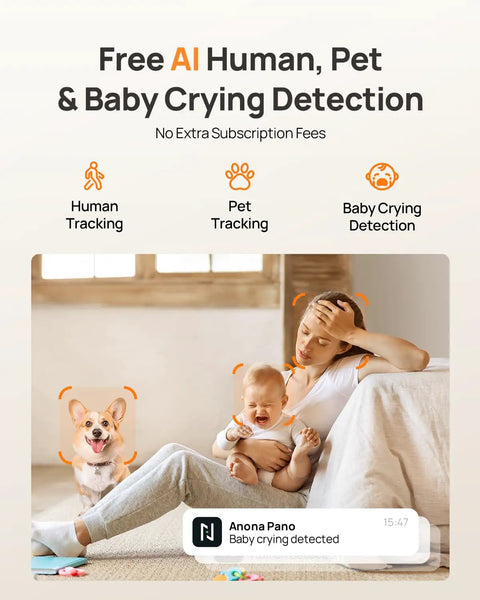 Woman with baby and dog near 4K UHD Indoor Security Camera For Pets And Baby With Phone App 360 Degree Pan Tilt Dual Band Wi Fi 6 Auto Tracking Person Pet Baby Crying Detection Privacy Mode Two Way Audio 2 Pack, on-screen AI alerts