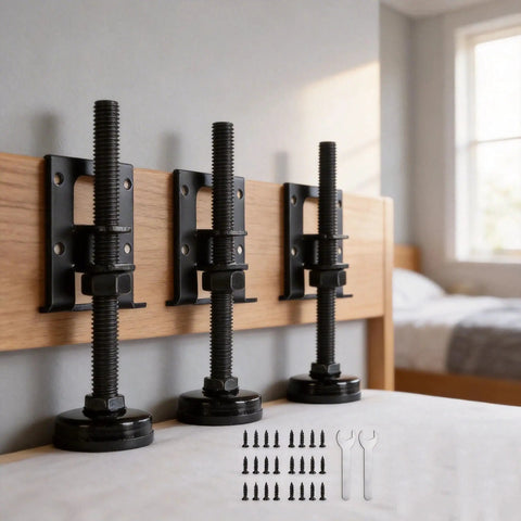 Beefy Adjustable Furniture Leveling Feet 4 Pack Extra Thick Built Different Zero Wobble Support Base mounted on a wooden headboard.