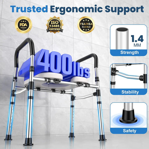 Premium Raised Toilet Seat Featuring Secure Grip Handles For Seniors And Pre And Post Surgery Recovery Built Tough With Anti Slip Base No Hassle Setup Supports Four Hundred Pounds FSA HSA Approved Bath Gear with strong aluminum frame.