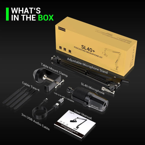 Dynamic USB XLR Podcast Microphone With Boom Arm For Vocal Recording Voice Over And Streaming Studio Metal Mic With Mute Button Headphone Jack And Monitor Volume Control SL40 Plus unboxed with accessories