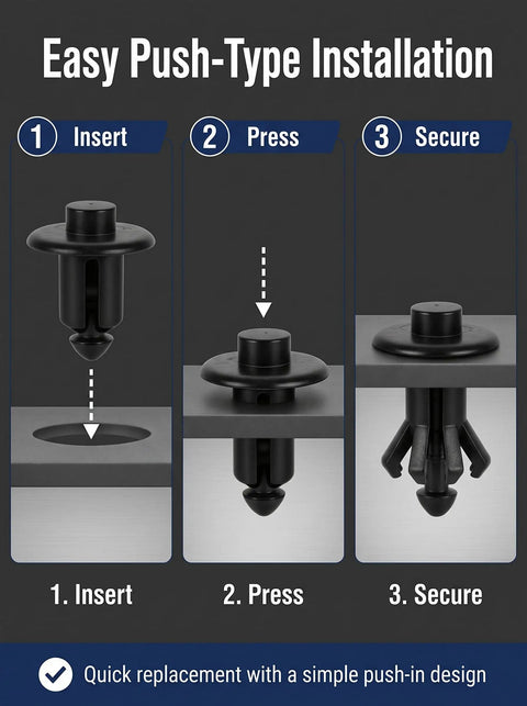Tailgate Molding Rivet Retainer Clips 10 Pack Black For Ford Trucks F150 F250 F350 F450 2015 To 2024 Maverick 2022 To 2024 Ranger 1993 To 1997 Explorer Sport Trac 2007 To 2010 OE Style Replacement push-type install steps