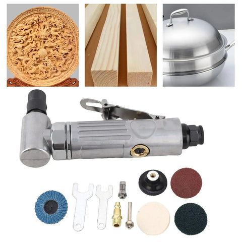 Heavy Duty Right Angle Air Die Grinder With Adjustable Speed Regulator And Beast Mode Tungsten Steel Internals For High Rpm Metalworking and accessories laid out.