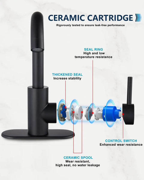 Diagram of Single Hole Bar Sink Faucet Matte Black With 360 Degree Swivel Spout 304 Stainless Steel, showing ceramic cartridge components.