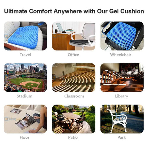 Collage of Ultra Comfy Gel Seat Cushion 1.8 Inch Thick for All Day Seating Orthopedic Pressure Relief Pad in various settings