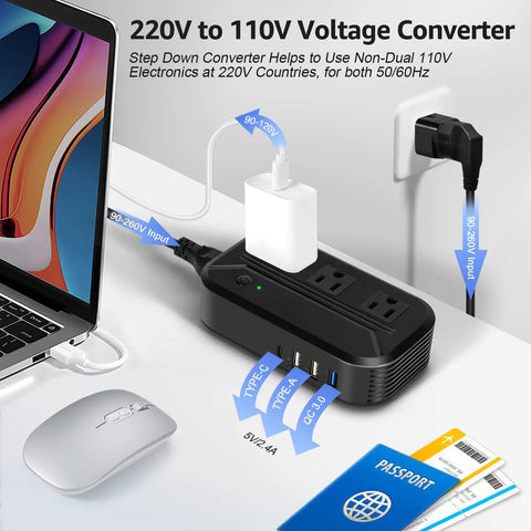 Plug And Play US To Europe Voltage Converter With 4 USB Ports And 3 AC Outlets, 2300W Power Adapter for US Devices shown with cables and travel adapter