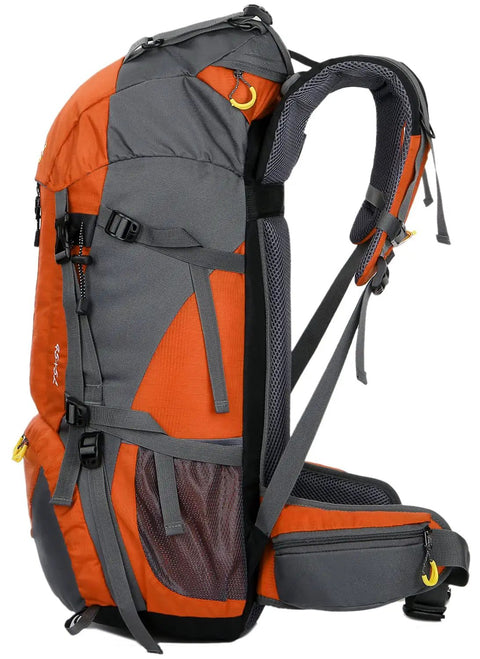 Side view of orange 50L Hiking Backpack For Men With Rain Cover Expandable 45L Plus 5L, showing padded straps and side mesh pockets.