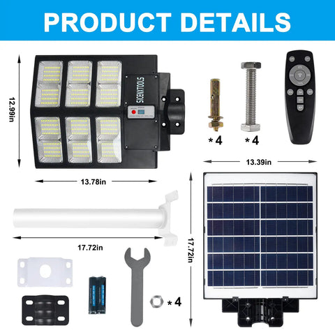 600W Solar Street Light Outdoor Waterproof Security Light With Motion Sensor Dusk To Dawn 6500K Cool White LED Beads components