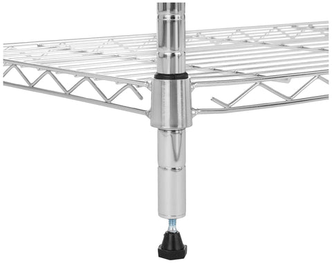 Close-up of adjustable chrome wire leg on Heavy Duty Five Shelf Adjustable Storage Shelving Rack For Garage And Workshop.