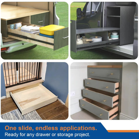 32 Inch Matte Black Heavy Duty Drawer Slides One Pair Rust Resistant Cabinet Glides in various applications for storage solutions.