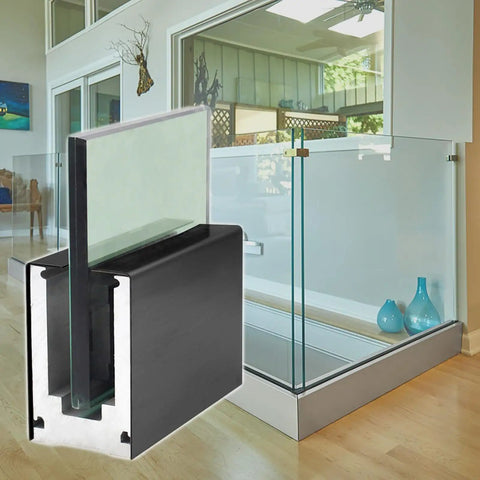 Rock Solid Frameless Glass Railing Kit With Aluminum Base Rail For 10 To 15 Mm Panels showing glass panels and aluminum rail in modern interior.