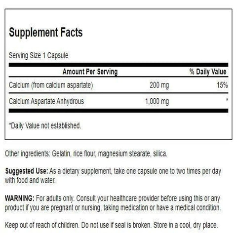 Supplement facts for Calcium Aspartate Supplement For Bone Health, Heart Support, And Muscle Power, 200 mg per capsule, 60 count