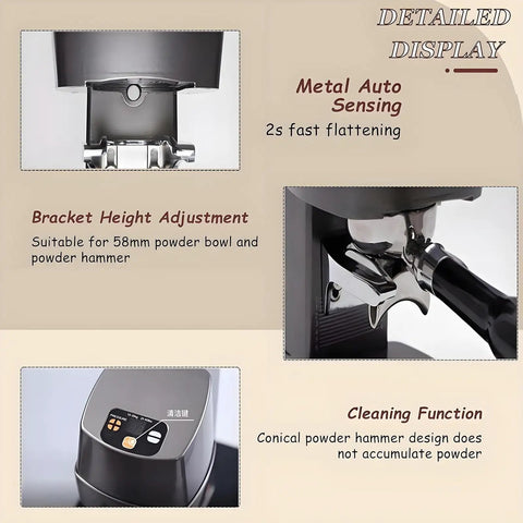 Automated Coffee Tamper 58Mm Commercial Portafilter Adjustable Pressure features metal sensing and height adjustment for efficient use.
