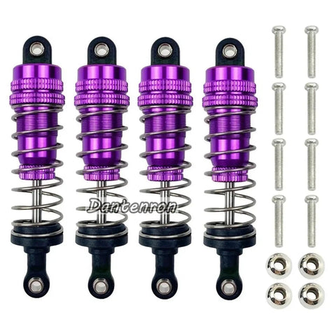 Oil Filled Metal RC Shock Absorber Upgrade Kit For 1 14 Scale WLtoys Buggy 144001 124018 124019 Suspension Replacement Parts Four Piece Set In Purple For Smoother Travel And Better Handling, showing four purple shock absorbers with screws.